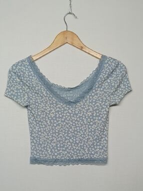 Aeropostale Light Blue Floral Lace-Trim Scoop Crop Top